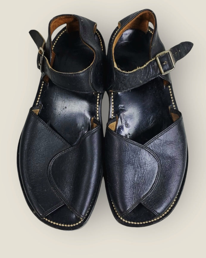 1940s ink black leather sandals 7/7.5