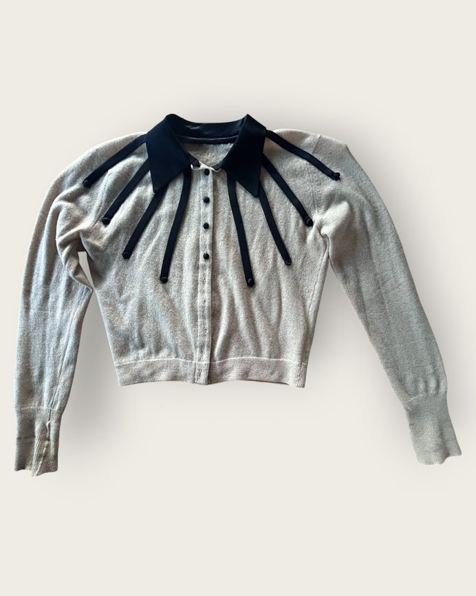1950s black satin and ivory cashmere cardigan