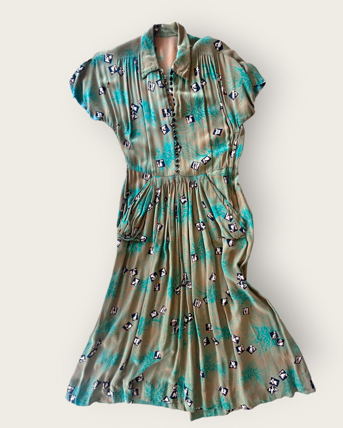 1940s novelty print rayon dress